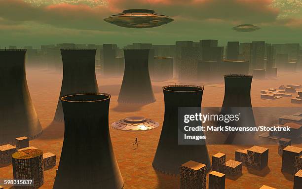 aliens visiting a nuclear power station. - nuclear energy stock illustrations