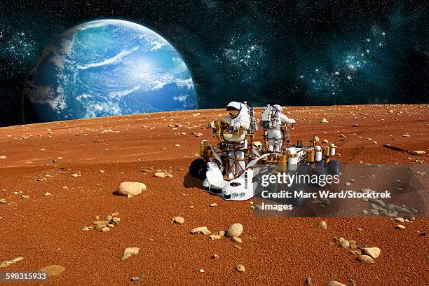 astronauts explore a barren moon on a rover. - astrobiology stock pictures, royalty-free photos & images