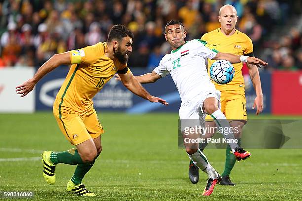 Ali Abbas of Iraq looks to pass the ball during the 2018 FIFA World Cup Qualifier match between the Australian Socceroos and Iraq at nib Stadium on...
