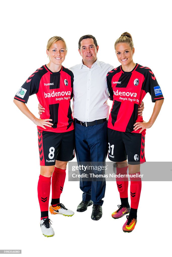 Juliane Maier And Selina Wagner Of SC Freiburg Pose With Michael juliane-maier-and-selina-wagner-of-sc-freiburg-pose-with-michael