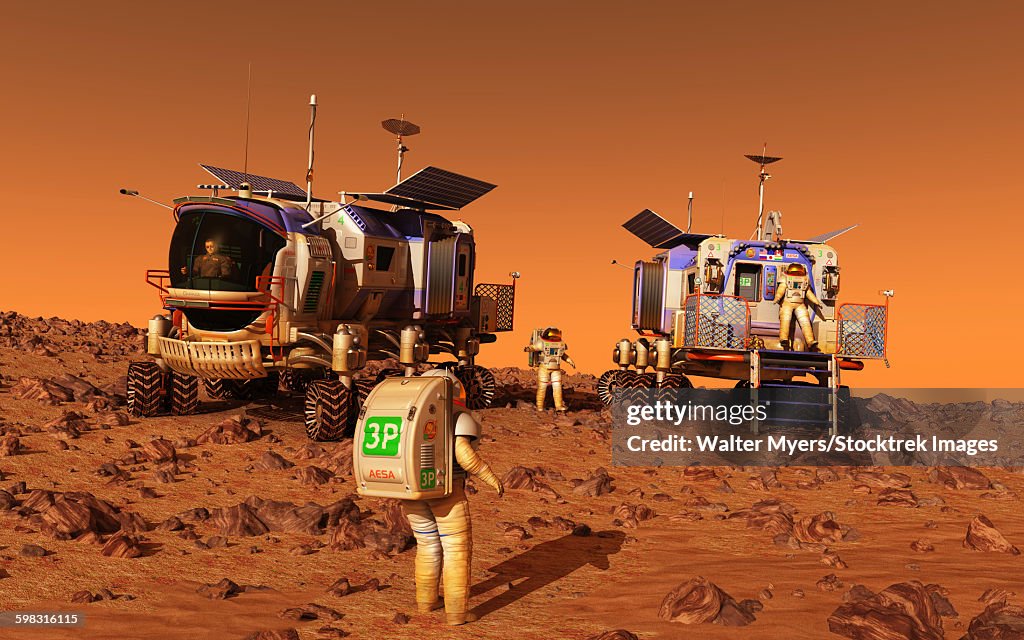 A pair of manned Mars rovers rendezvous on the martian surface.
