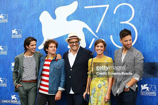 Actors Joseph Haro, Brando Pacitto, director Gabriele Muccino, Matilda Lutz and Taylor Frey attend a photocall for 'L'Estate Addosso - Summertime'...