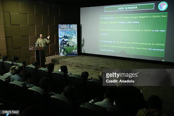 Pakistani Army Spokesman Lieutenant General Asim Saleem Bajwa holds a press conference at the Building Inter Services Public Relations in Rawalpindi,...