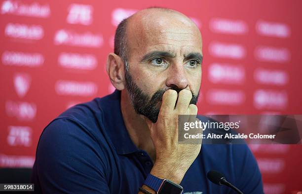 Sports director of Sevilla FC Ramon Rodriguez "Monchi" attends the press conference during his official presentation at the Estadio Ramon Sanchez...