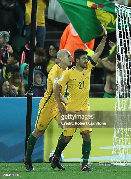 Massimo Luongo of Australia celebrates after scoring a goal during the 2018 FIFA World Cup Qualifier match between the Australian Socceroos and Iraq...