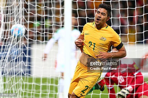 Massimo Luongo of Australia celebrates a goal during the 2018 FIFA World Cup Qualifier match between the Australian Socceroos and Iraq at nib Stadium...