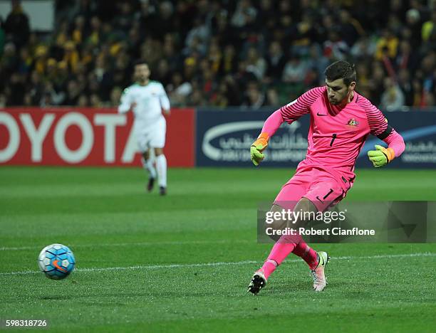 Australian goalkeeper Mathew Ryan kicks the ball during the 2018 FIFA World Cup Qualifier match between the Australian Socceroos and Iraq at nib...