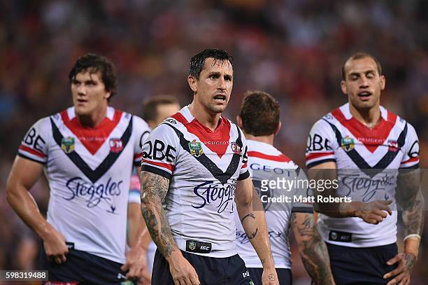 Mitchell Pearce of the Roosters looks dejected during the round 26 NRL match between the Brisbane Broncos and the Sydney Roosters at Suncorp Stadium...