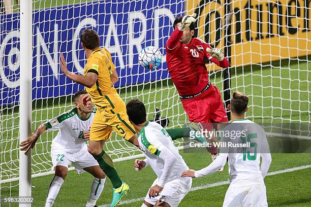 Mohammed Hameed of Iraq makes a save during the 2018 FIFA World Cup Qualifier match between the Australian Socceroos and Iraq at nib Stadium on...