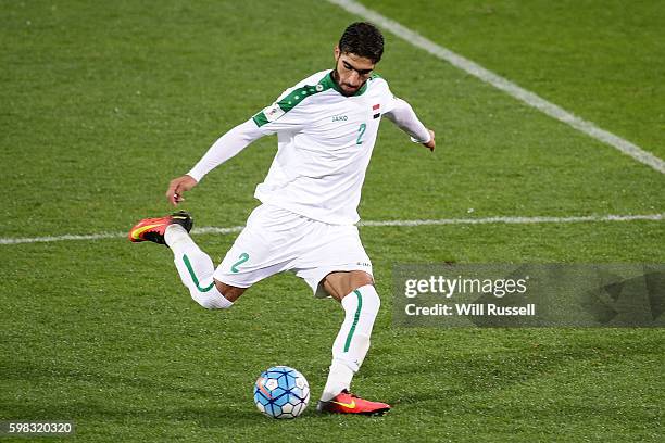 Ahmed Ibrahim of Iraq kicks the ball during the 2018 FIFA World Cup Qualifier match between the Australian Socceroos and Iraq at nib Stadium on...