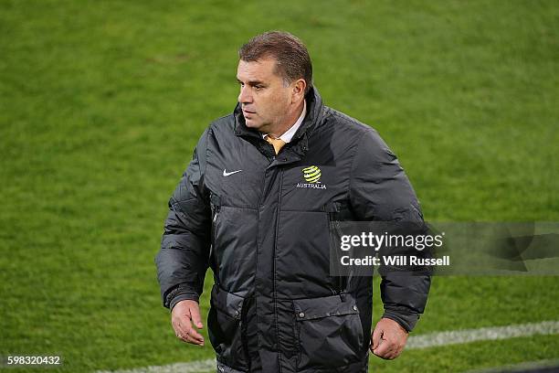 Ange Postecoglou, head coach of Australia looks on during the 2018 FIFA World Cup Qualifier match between the Australian Socceroos and Iraq at nib...