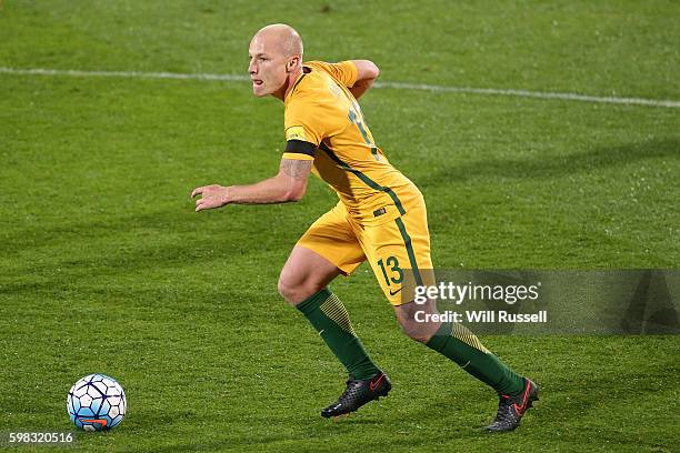 Aaron Mooy of Australia controls the ball during the 2018 FIFA World Cup Qualifier match between the Australian Socceroos and Iraq at nib Stadium on...