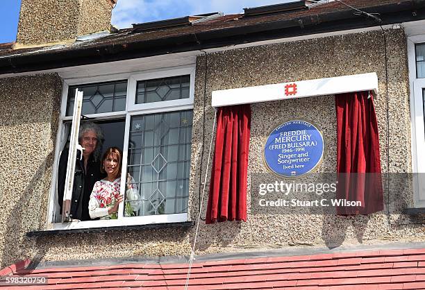 Brian May and Kashmira Cooke attend the unveiling of an English Heritage Blue Plaque, commemorating where Freddie Mercury lived on September 1, 2016...