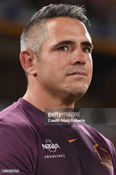 Corey Parker of the Broncos speaks on stage after the round 26 NRL match between the Brisbane Broncos and the Sydney Roosters at Suncorp Stadium on...