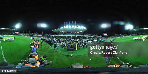 The teams line up for the 2018 FIFA World Cup Qualifier match between the Australian Socceroos and Iraq at nib Stadium on September 1, 2016 in Perth,...