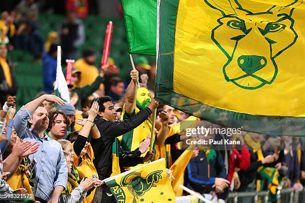 Australian fans show their support following the 2018 FIFA World Cup Qualifier match between the Australian Socceroos and Iraq at nib Stadium on...