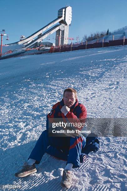 British skier Eddie Edwards, aka Eddie the Eagle, during the 1988 Winter Olympics in Calgary, Alberta, Canada, 22nd February 1988. Edwards competed...