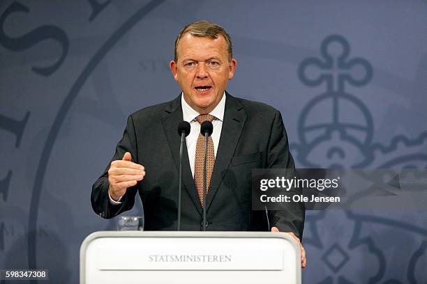 Prime Minister Lars Loekke Rasmssen holds a press conference about the country's 2025-plan at the Prime Minister's Office on August 30, 2016 in...