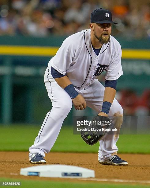 Casey McGehee of the Detroit Tigers gets set for the pitch in the sixth inning during a MLB game at Comerica Park on August 27, 2016 in Detroit,...