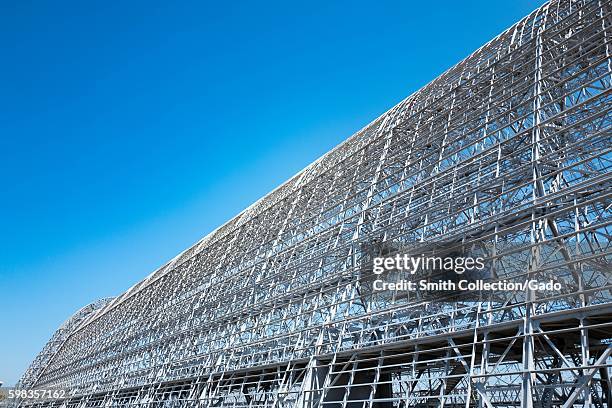 Wide angle view of Hangar One, within the secure area of the NASA Ames Research Center campus in the Silicon Valley town of Mountain View,...