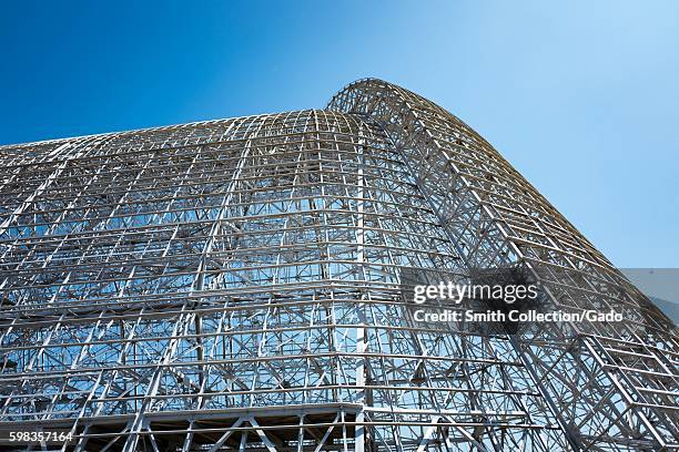 View up the side of the metal structure of Hangar One, within the secure area of the NASA Ames Research Center campus in the Silicon Valley town of...