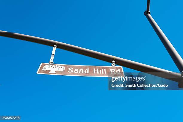 Closeup of iconic sign for Sand Hill Road, on Sand Hill Road in the Silicon Valley town of Menlo Park, California, August 25, 2016. In Silicon Valley...