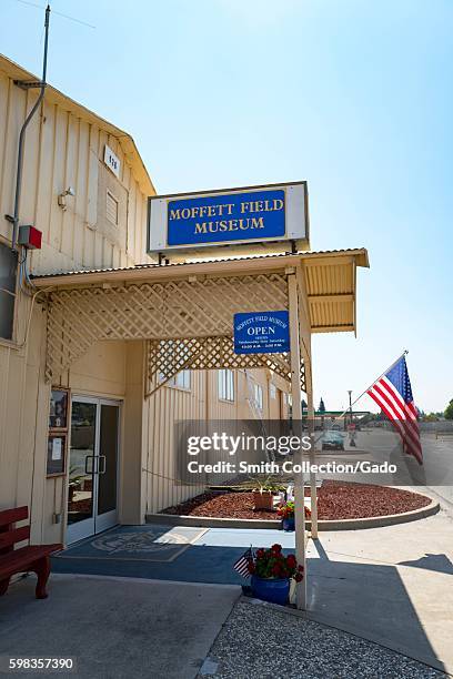 Entryway, with American Flag, to the Moffett Field Historical Museum, within the secure area of the NASA Ames Research Center campus in the Silicon...