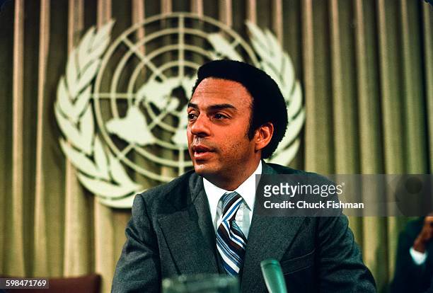 American politician, diplomat, and United States Ambassador to the United Nations Andrew Young speaks at a UN press conference, New York, New York,...