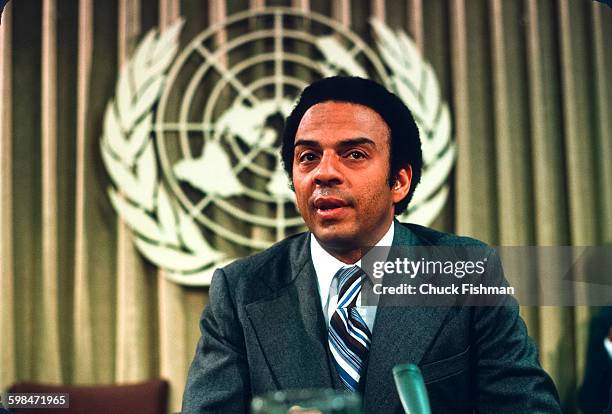 American politician, diplomat, and United States Ambassador to the United Nations Andrew Young speaks at a UN press conference, New York, New York,...