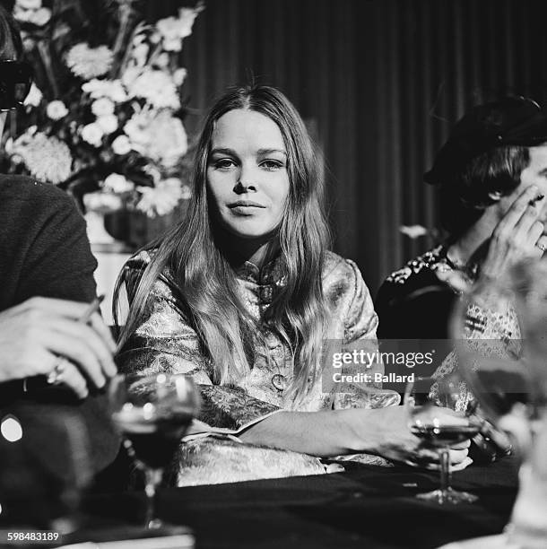 American singer and actress Michelle Phillips of American folk rock group The Mamas & The Papas at a press conference, UK, 5th October 1967.