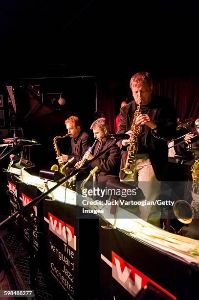 American Jazz musician Dick Oatts plays soprano saxophone with the Vanguard Jazz Orchestra at the Village Vanguard nightclub, New York, New York,...