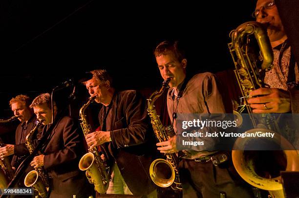 The front line of the Vanguard Jazz Orchestra performs at the Village Vanguard nightclub, New York, New York, February 5, 2008. Pictured are, from...