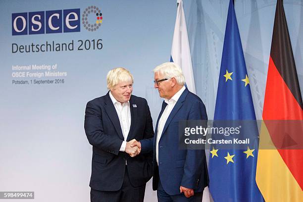 British Foreign Secretary Boris Johnson chats with German Foreign Minister Frank-Walter Steinmeier at a conference of OSCE members states on...