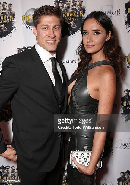 Alain Moussi and Sara Malakul Lane attend the premiere Of RLJ Entertainment's "Kickboxer: Vengeance" at iPic Theaters on August 31, 2016 in Los...