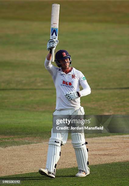 Tom Westley of Essex celebrates his 200 during day two of the Specsavers County Championship Division Two match between Essex and Worcestershire at...