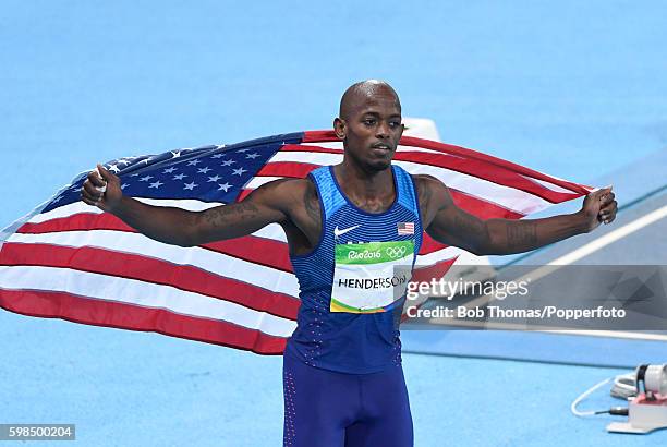 Jeff Henderson of the United States celebrates after wiining the Men's Long Jump Final on Day 8 of the Rio 2016 Olympic Games at the Olympic Stadium...