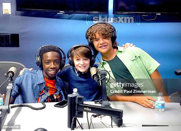 Actors Caleb McLaughlin, Noah Schnapp and Gaten Matarazzo visit SiriusXM Studios on September 1, 2016 in New York City.