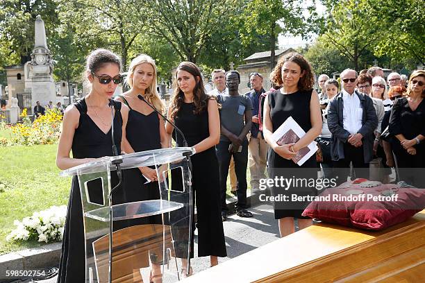 Daughters of Nathalie Rykiel ; Tatiana Burstein, Lola Burstein and Salome Burstein speak during the Designer Sonia Rykiel's Funerals at Cimetiere du...