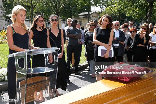 Daughters of Nathalie Rykiel ; Lola Burstein, Salome Burstein and Tatiana Burstein speak during the Designer Sonia Rykiel's Funerals at Cimetiere du...