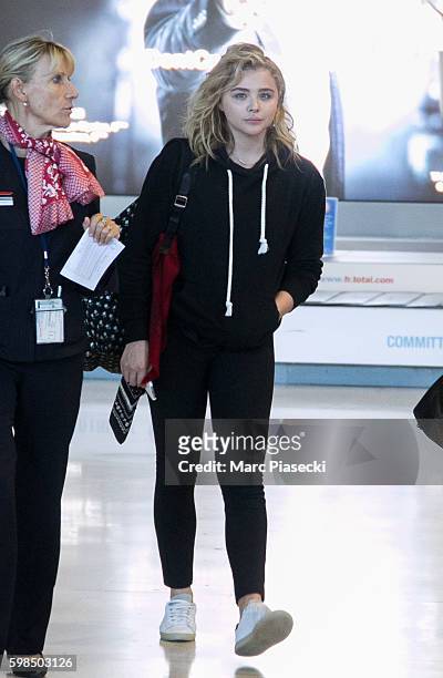 Actress Chloe G. Moretz arrives at Charles-de-Gaulle airport on September 1, 2016 in Paris, France.