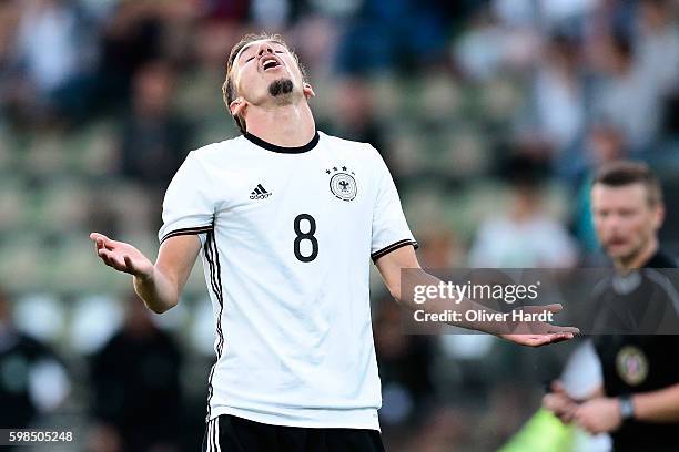 David Sauerland of Germany appears frustrated during the international friendly match between U20 Germany and U20 Italy at Stadion Lohmuehle on...