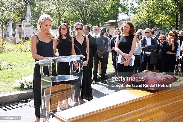Daughters of Nathalie Rykiel ; Lola Burstein, Salome Burstein and Tatiana Burstein speak during the Designer Sonia Rykiel's Funerals at Cimetiere du...