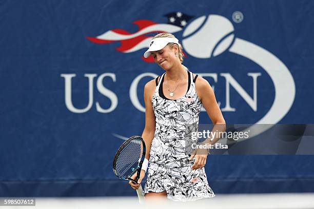 Denisa Allertova of Czech Republic reacts against Johanna Larsson of Sweden during her second round Women's Singles match on Day Four of the 2016 US...