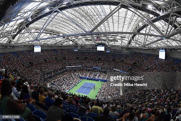General view of Arthur Ashe Stadium with the roof closed during the second round Men's Singles match between Andy Murray of Great Britain and Marcel...