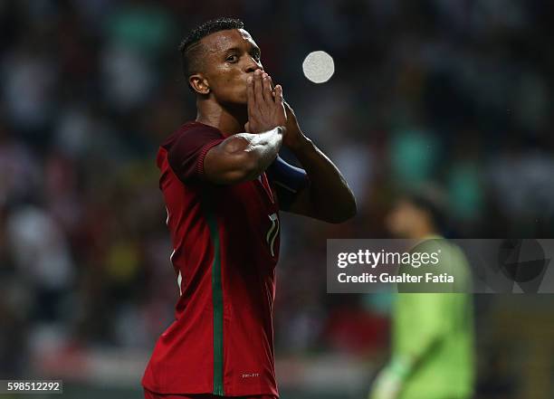 Portugal's forward Nani celebrates after scoring a goal during the International Friendly match between Portugal and Gibraltar at Estadio do Bessa on...