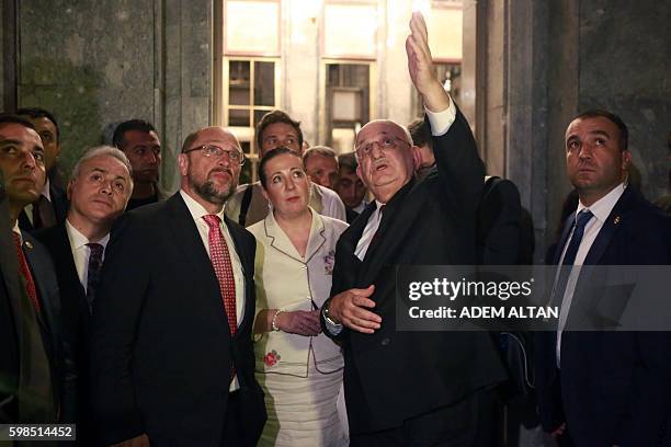 President of the European Parliament Martin Schulz listens to Speaker of the Turkish Grand National Assembly Ismail Kahraman during his visit of...