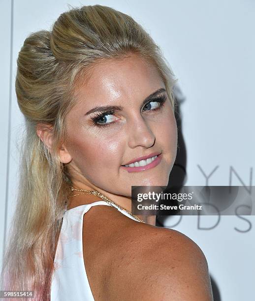 Rebecca Louise arrives at the Boohoo X Jordyn Woods Fashion Event at NeueHouse Hollywood on August 31, 2016 in Los Angeles, California.