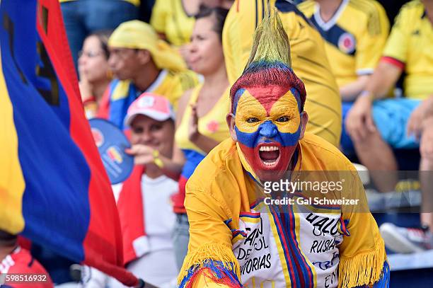 Fan of Colombia cheers for his team during a match between Colombia and Venezuela as part of FIFA 2018 World Cup Qualifiers at Roberto Melendez...