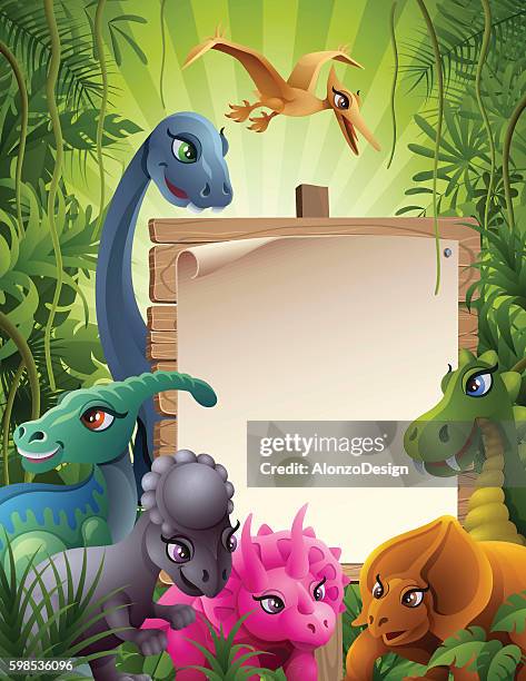 jurassic dschungel mit zeichen - diplodocus stock-grafiken, -clipart, -cartoons und -symbole