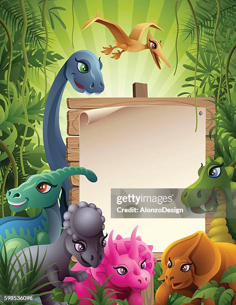 jurassic jungle with sign - ornithopod stock illustrations